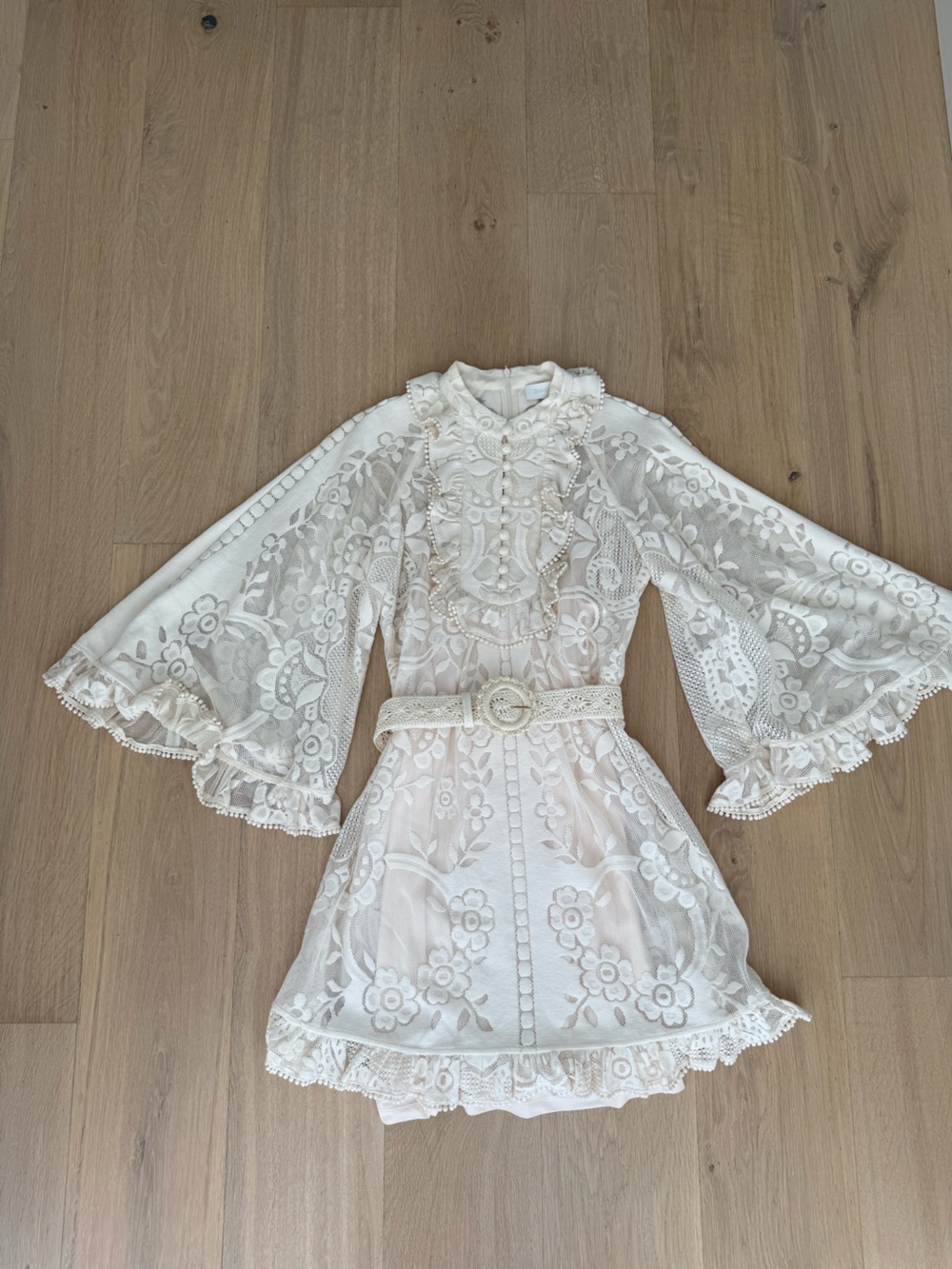 Zimmermann Cream Lace Floral Bell-Sleeve dress with Crochet Belt